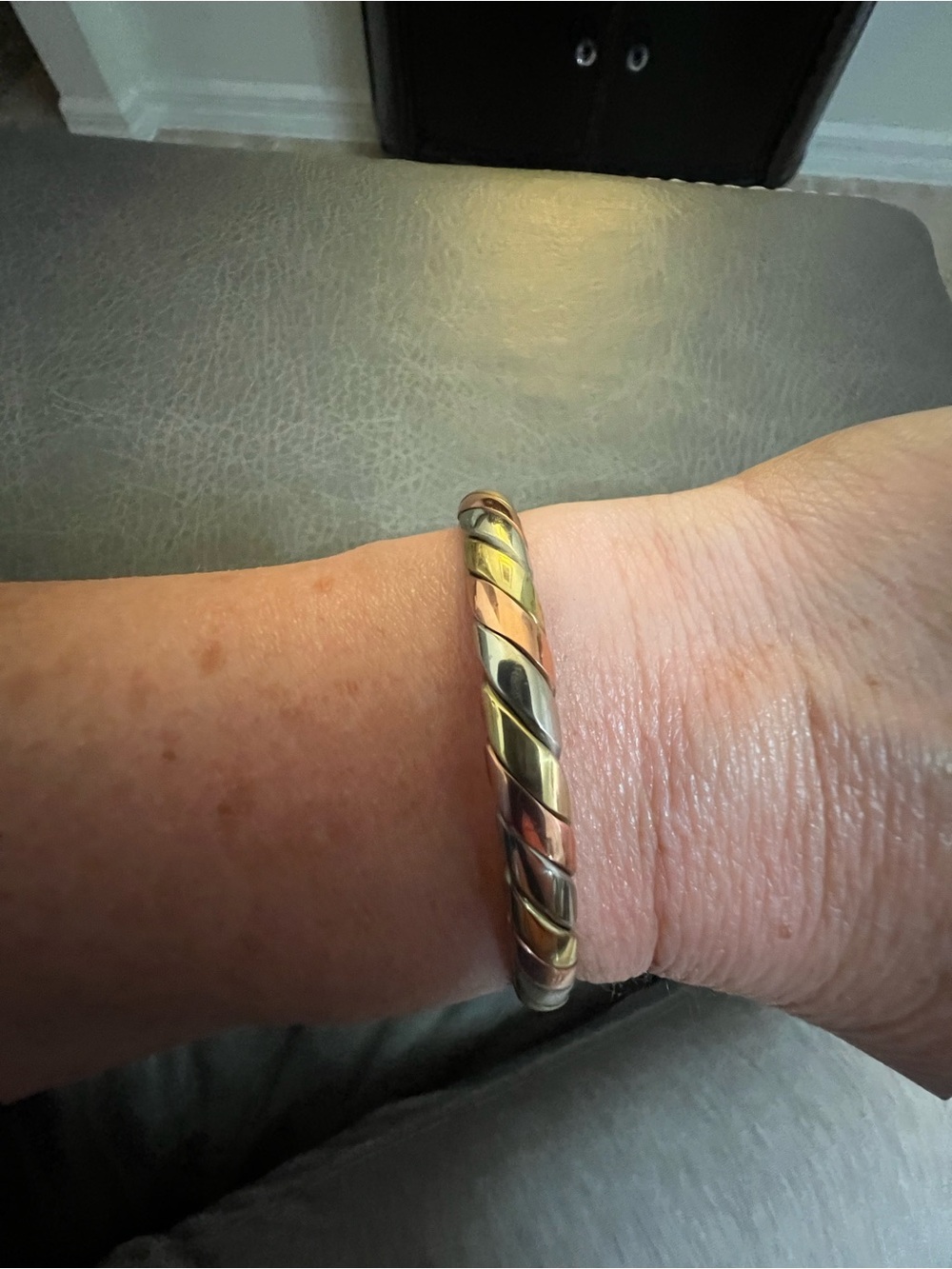 Sale! Tri-Tone Twisted Metal Cuff Bracelet - Gold, Rose, Silver - Picture 2 of 4
